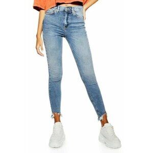TOPSHOP Jamie Skinny Jeans High Rise Stretch Denim Chewed Hems SZ 28 NEW